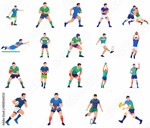 Flat Cartoon Rugby Player Set in Action Sport Character Illustration
