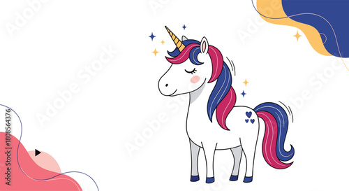 Magical white unicorn with a colorful mane and golden horn standing against a white background with abstract decorative shapes.