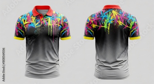 Realistic men's polo shirt mockup featuring tropical Bird of Paradise flower and leaf print with a bright yellow green gradient back.