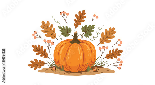 Cheerful autumn illustration with a large orange pumpkin nestled among various fall leaves and branches with red berries.