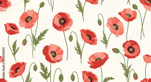 Beautiful and elegant seamless pattern of vibrant red poppy flowers and green stems on a soft cream-colored background.