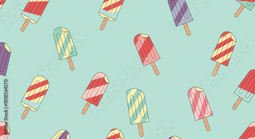 Fun seamless pattern of colorful striped popsicles with a stitched outline effect on a cool light blue background design.