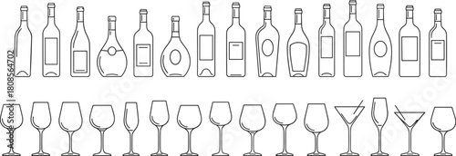 Vector line art set of diverse wine, cocktail, champagne, and liquor glasses and bottles, perfect for bar menus, restaurant design, and beverage industry graphics.