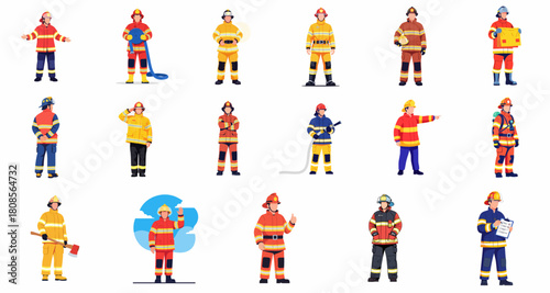 Diverse Flat Full Body Firefighter Character with Different Poses Illustration