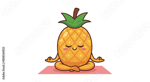 Cute and funny cartoon pineapple character meditating in a yoga lotus position on a pink mat for a wellness concept.