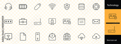 Technology icon set. Containing factory, 5g, ai, robotics, cloud, automation, iot, communication, programming and more. Editable stroke. Vector illustration