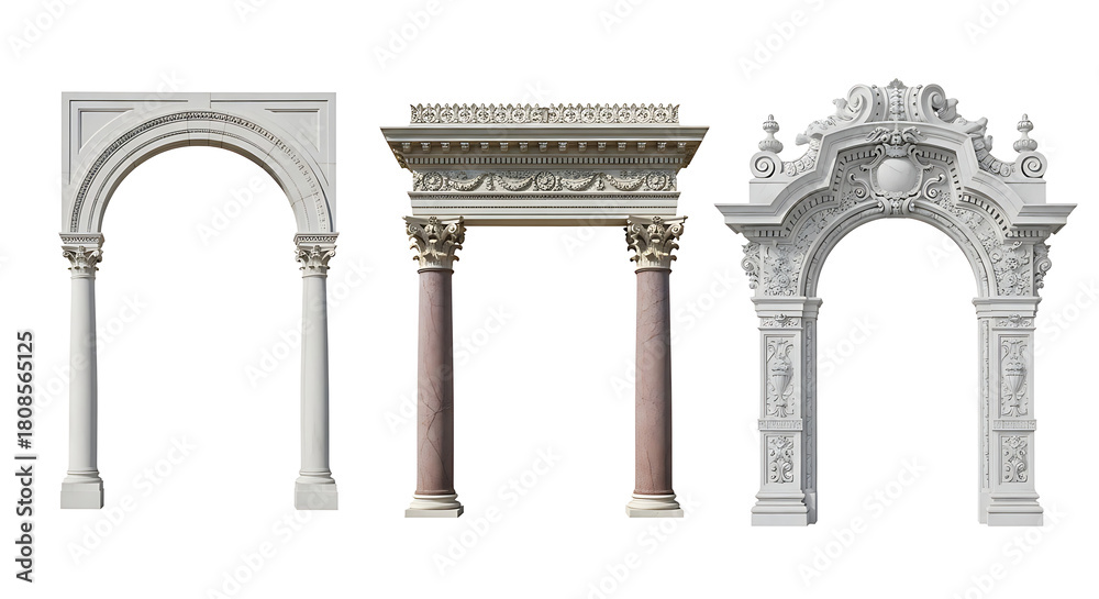 Obraz premium Three ornate architectural arches with decorative columns, showcasing various historical styles, isolated on white background