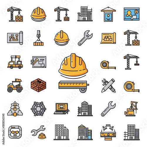 Construction site icons set with cranes, helmets, trucks, blueprints, and buildings for industry and engineering
