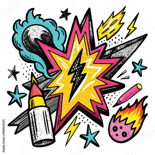 Comic book explosion illustration with stars, lightning, and graphic elements.