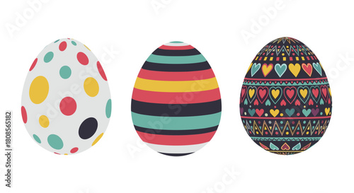 Set of three colorful Easter eggs with various festive patterns including polka dots stripes and hearts for holiday celebration.