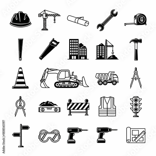 Construction site safety equipment tools and machinery icons vector set of building industry elements