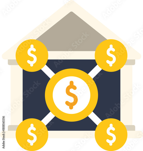 This vector illustration shows a bank building surrounded by dollar coins, representing concepts like investment, finance, and the importance of money