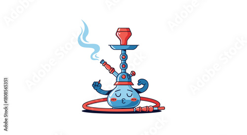 Cute and relaxed hookah character with closed eyes exhaling a puff of smoke in a charming cartoon illustration style.