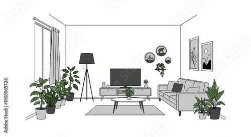 Minimalist black and white line art illustration of a modern living room interior filled with numerous stylish houseplants.