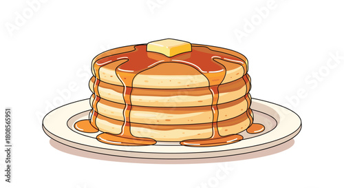 Delicious-looking stack of fluffy pancakes topped with a pat of butter and dripping with maple syrup on a white plate.