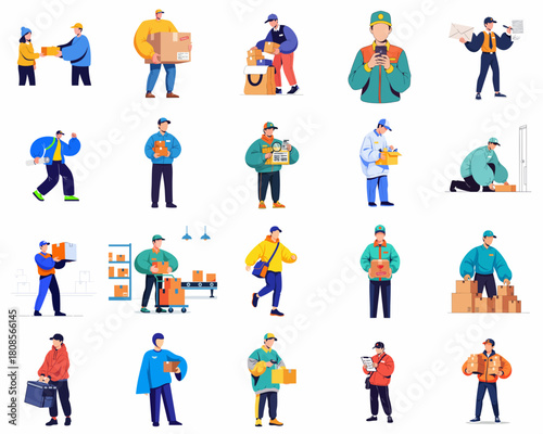 Flat Style Detailed Delivery Man with Boxes and Packages Illustration Set