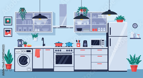 Detailed modern kitchen interior with white cabinets a washing machine and various appliances for a functional home design.