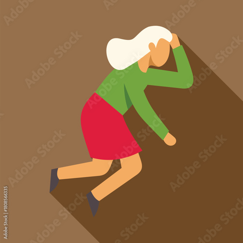 Elderly woman experiencing dizziness, loss of balance, or sudden health crisis, possibly indicating vertigo or a stroke