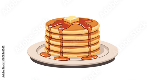 Appetizing stack of golden-brown pancakes with a melting pat of butter on top and rich maple syrup dripping down the sides.