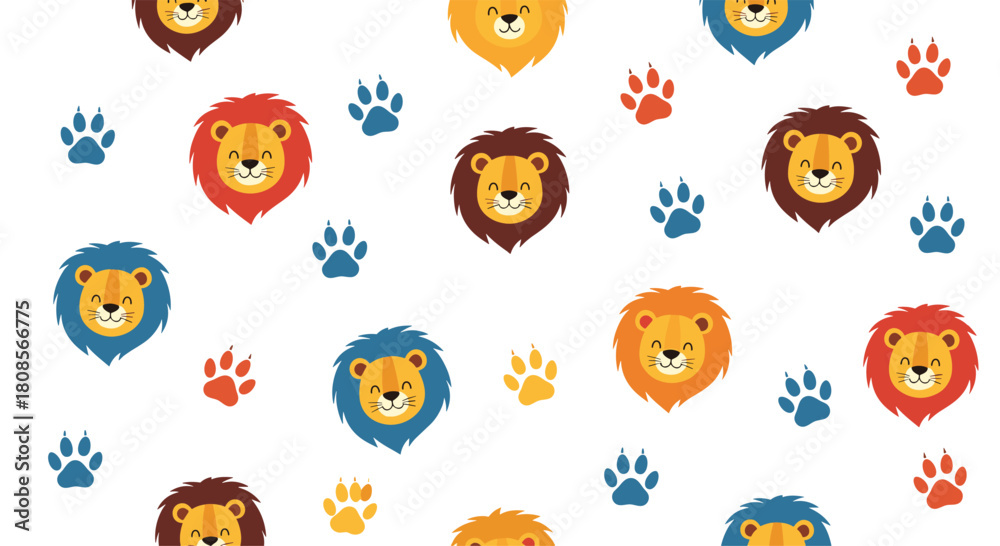 Fototapeta premium Playful and seamless kids pattern with colorful cartoon lion heads and animal paw prints on a clean white background.