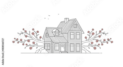 Detailed line art drawing of a charming two-story country house with flowering rose branches growing from each side.