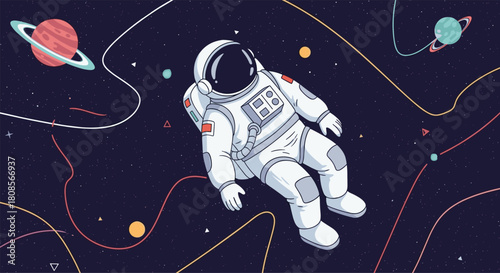 Stylized illustration of an astronaut in a spacesuit floating peacefully in outer space among planets and colorful orbits.