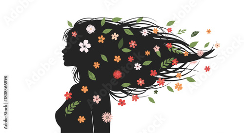 Beautiful silhouette of a woman with long flowing hair decorated with colorful flowers and green leaves on a white background.