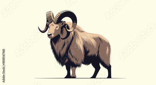 Majestic and powerful illustration of a wild ram with large curved horns standing proudly on a light-colored background.
