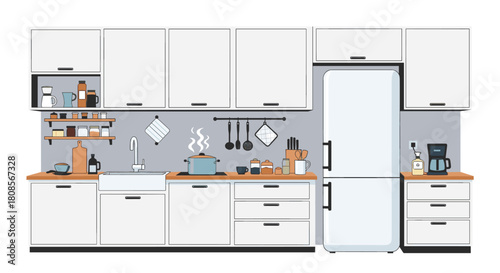 Vector illustration of a modern kitchen interior featuring white cabinetry a refrigerator and a steaming pot on an induction stove.