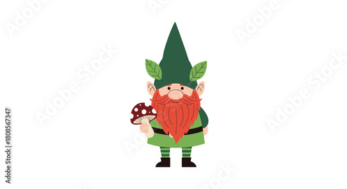 Charming garden gnome character with a long red beard and green hat holding a spotted mushroom on a white background.