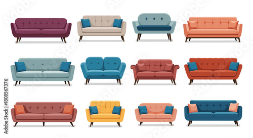 Large collection of colorful modern sofas and couches with pillows in various styles isolated on a white background.