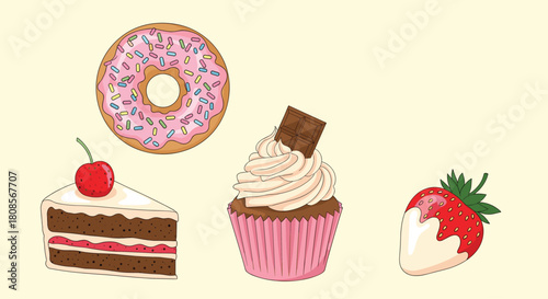 Delicious assortment of sweet desserts including a donut a slice of cake a cupcake and a chocolate-covered strawberry.