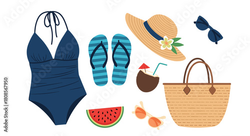 Collection of essential summer beach vacation accessories including a swimsuit flip-flops a straw hat and sunglasses.