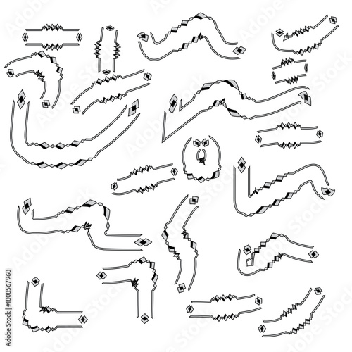 Collection of abstract white line art elements with diamond shapes on a black background