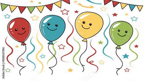 Colorful Cartoon Balloons and Ribbons Set – Party Celebration Vector Art, Festive Decorative Elements, and Fun Event Graphics Collection