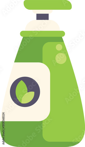 Green plastic bottle with pump dispenser containing natural organic product for hair and body care