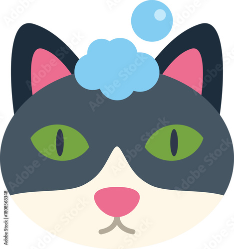 Illustration of a black and white cat with soap on its head, enjoying a relaxing bath time
