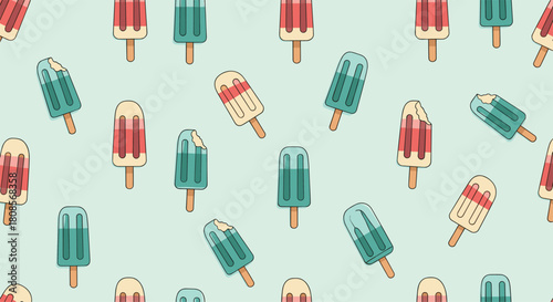 Refreshing seamless pattern of red white and blue ice cream popsicles scattered on a light blue background for summer.