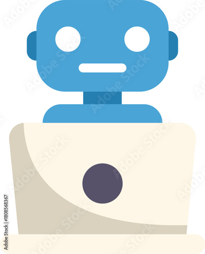 Blue robot working remotely from home using laptop computer, artificial intelligence concept