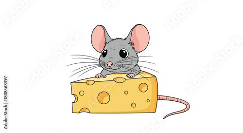 Cute and curious cartoon mouse with big ears and whiskers peeking over a large delicious wedge of yellow Swiss cheese.