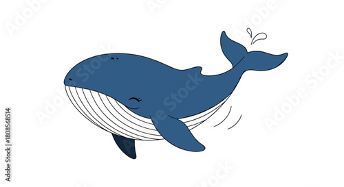 Happy and cute blue whale character smiling and splashing water with its tail in a simple cartoon line art illustration.