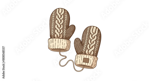 Cozy pair of hand-drawn brown cable-knit mittens with cuffs connected by a string for keeping warm in the winter.