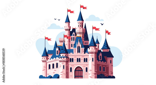 Magnificent fairytale castle with pink walls blue turrets and red flags perfect for a princess or magical kingdom story.