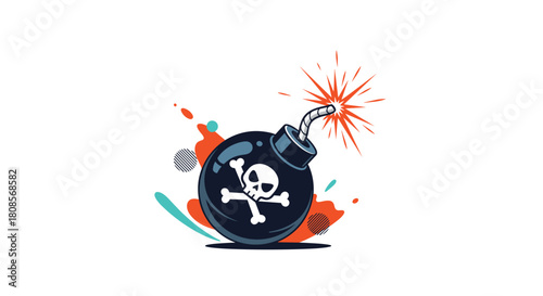 Cartoon illustration of a round black bomb with a skull and crossbones symbol and a lit fuse ready to explode vector.
