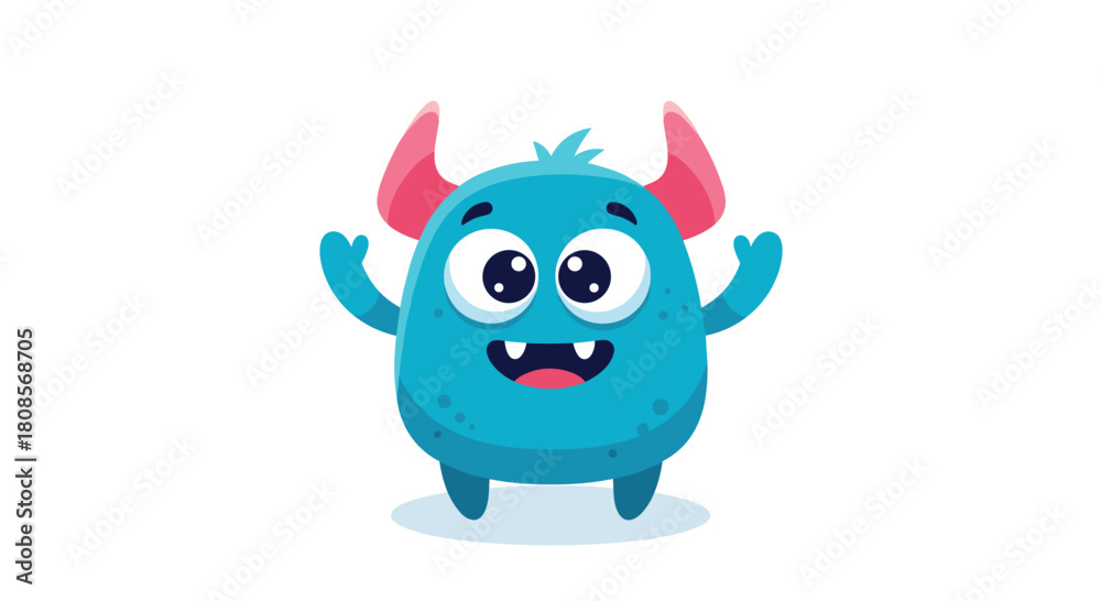 Fototapeta premium Cute and cheerful little blue monster with pink horns and big eyes raising its arms in a happy and friendly gesture.
