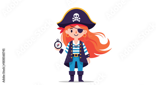 Full-length cartoon of a brave pirate girl with red hair wearing a hat an eyepatch and holding a compass for adventure.