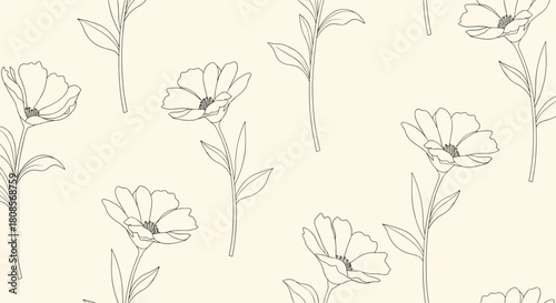 Minimalist and elegant seamless pattern of delicate flowers drawn with a dashed line style on a light beige background.