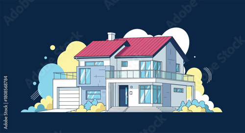 Stylish illustration of a modern two-story family home with a red roof a balcony and a garage on a dark blue background.