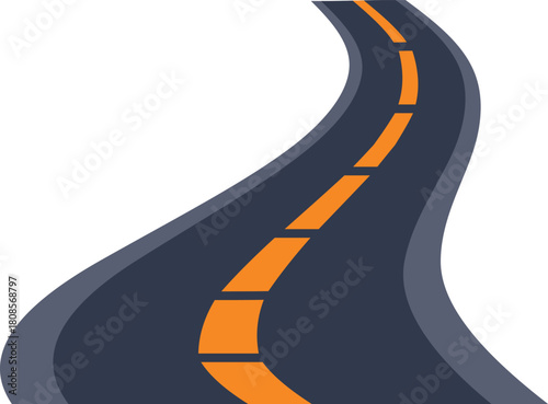 Empty asphalt road with yellow markings is winding into the distance