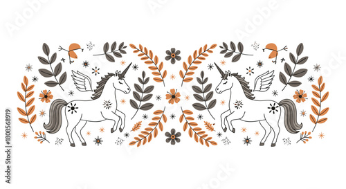 Symmetrical folk art illustration with two winged unicorns surrounded by decorative leaves flowers and stars in a rustic style.